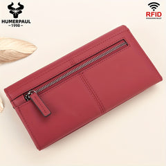 RFID Blocking Leather Wallet for Women & Men Zippered Long Clutch Purse