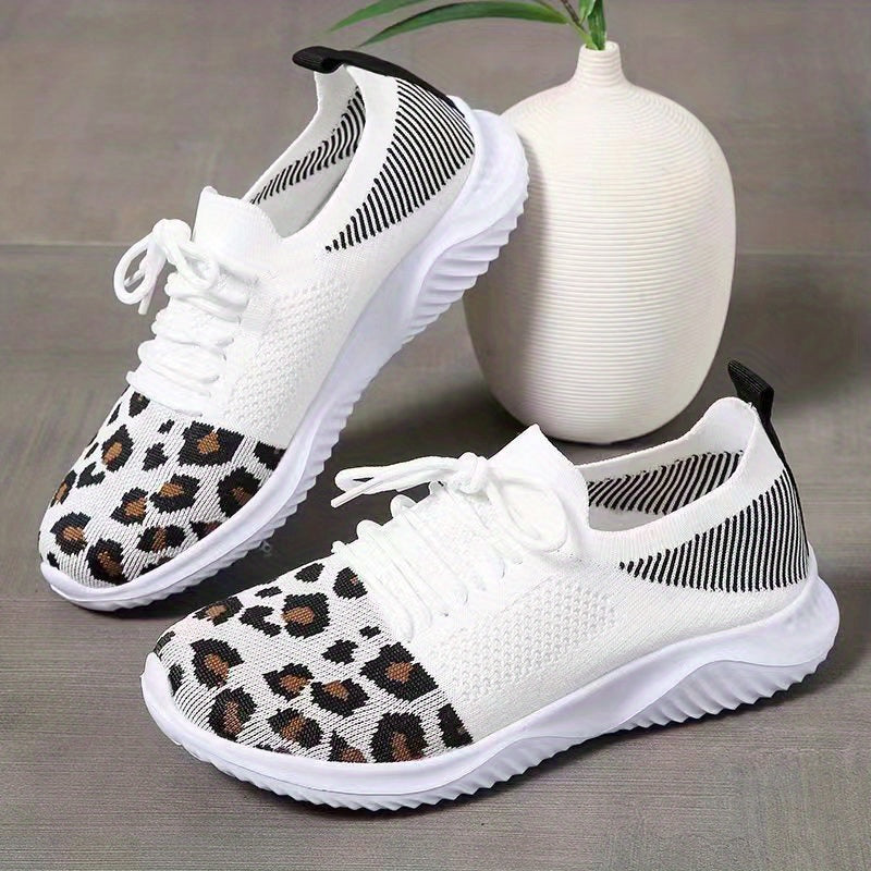 Leopard Printed Mesh Sneakers Lace Up Casual Shoes