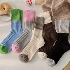 5 Pairs Colorblock Crew Socks Women's Mid Tube Stockings