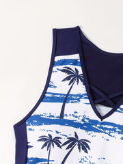 Tropical Print Tankini Set Criss Cross Front Drawstring Top & Shorts