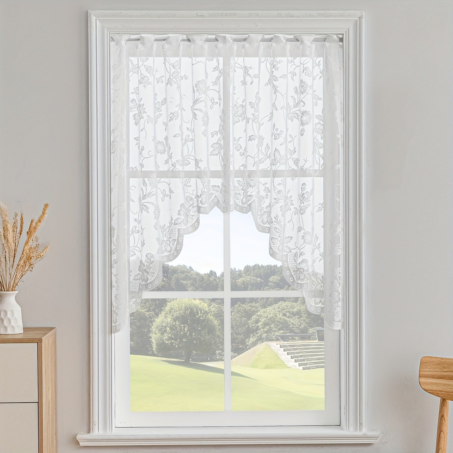 Jacquard Sheer Curtain Floral Pattern Kitchen Valance Short Curtain