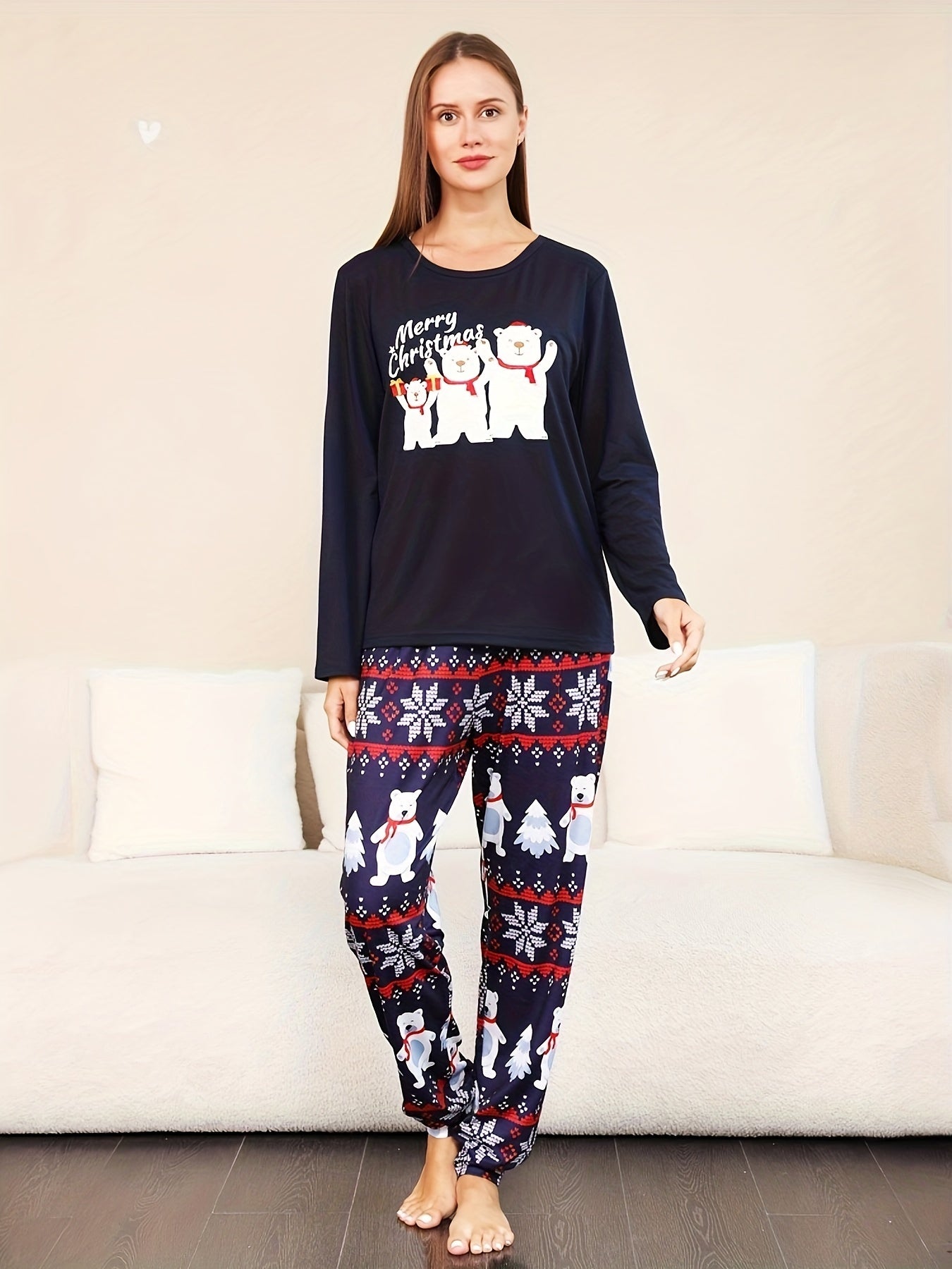 Bear Print Pajama Set Christmas Long Sleeve Top & Pants