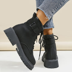 Women's Platform Ankle Combat Boots Lace Up Metal Buckle Round Toe Short Boots