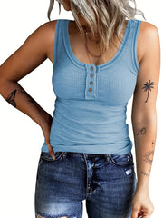 Button Front Crew Neck Tank Top Sleeveless Casual Summer Women's Top