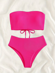 Rib Knit Bikini Set Bandeau Tube Top Tie Back High Cut Swimsuit