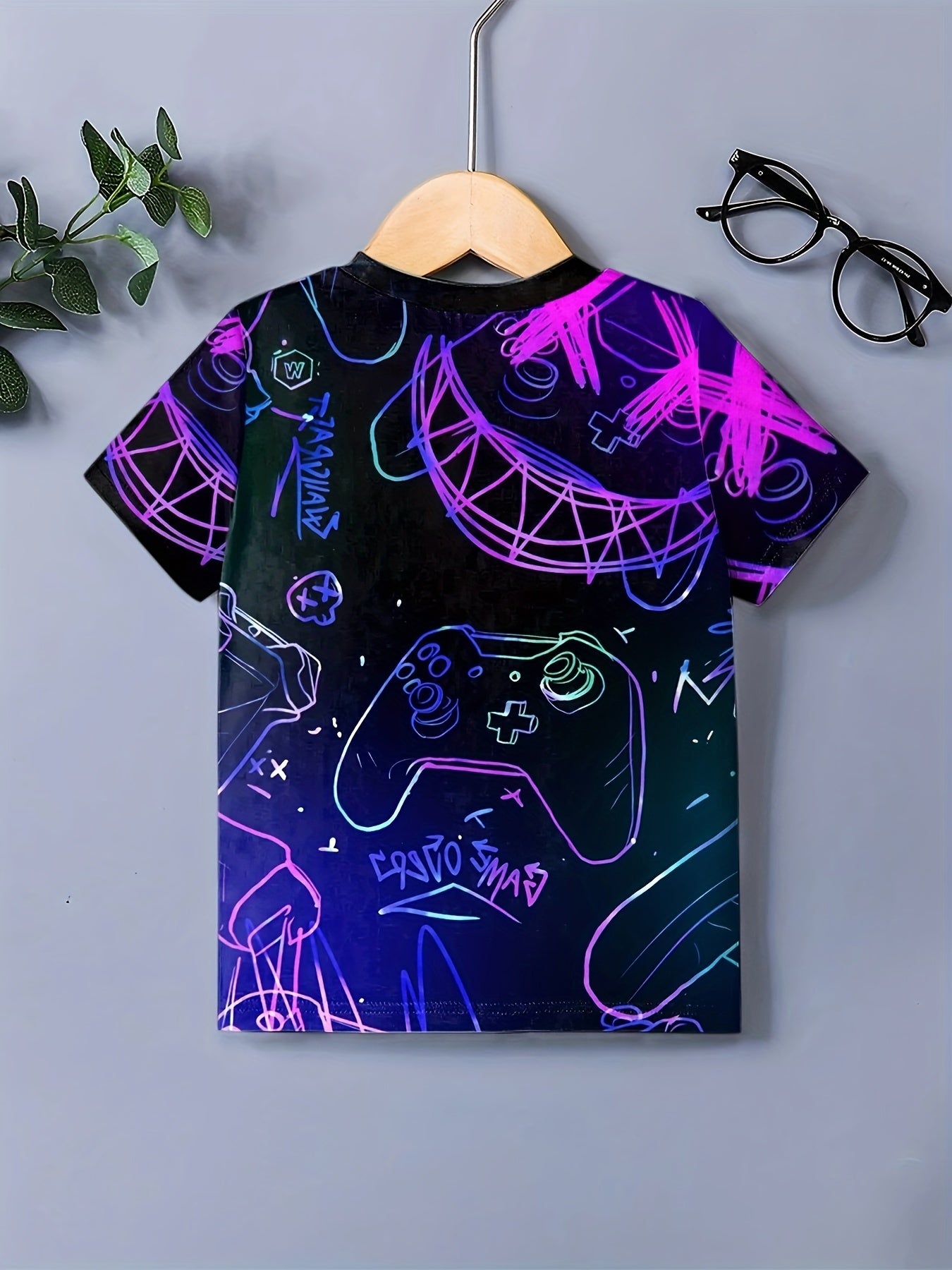 Gamepad Doodle Print Boy's T-shirt Short Sleeve Comfortable Summer Top