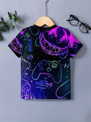 Gamepad Doodle Print Boy's T-shirt Short Sleeve Comfortable Summer Top
