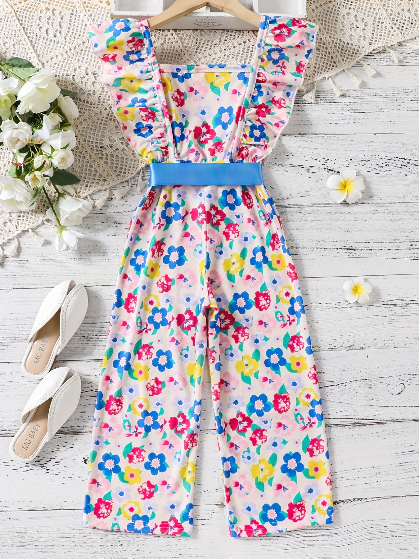 Girls Bow Floral Print Ruffle Sleeve Rompers Comfortable Casual Jumpsuit