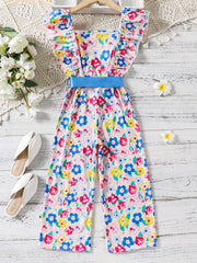 Girls Bow Floral Print Ruffle Sleeve Rompers Comfortable Casual Jumpsuit