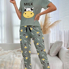 Cow Print Pajama Set Short Sleeve Crew Neck Top & Elastic Waistband Pants