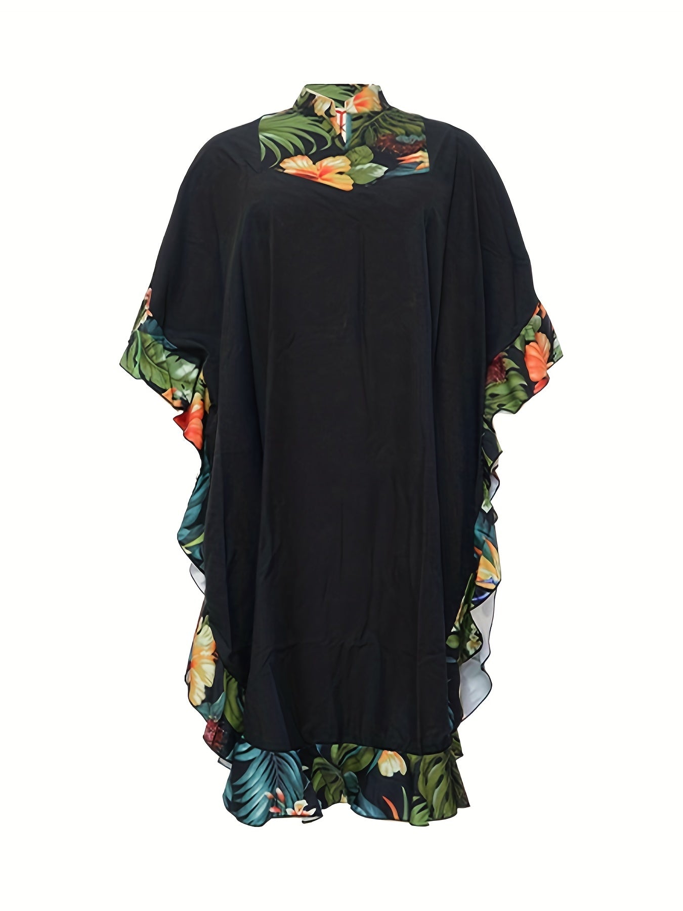 Colorblock Floral Print Abaya Dress with Ruffle Trim