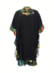 Colorblock Floral Print Abaya Dress with Ruffle Trim