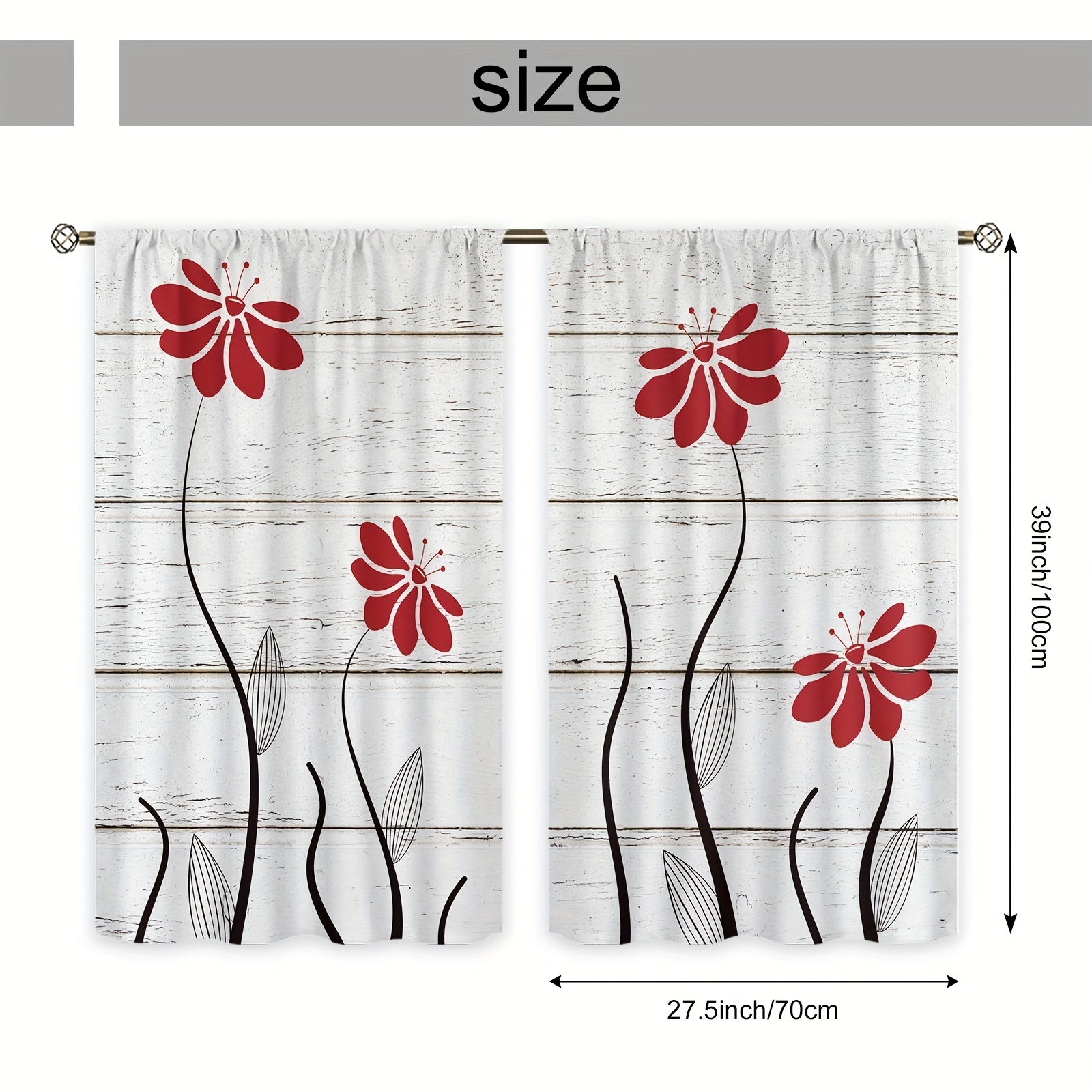 Red Flower Pattern Curtains Floral Petals Rod Pocket Plant Wooden Printed Curtai