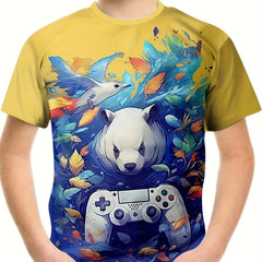 Panda & Gamepad Print Boy's T-shirt Casual Short Sleeve Top
