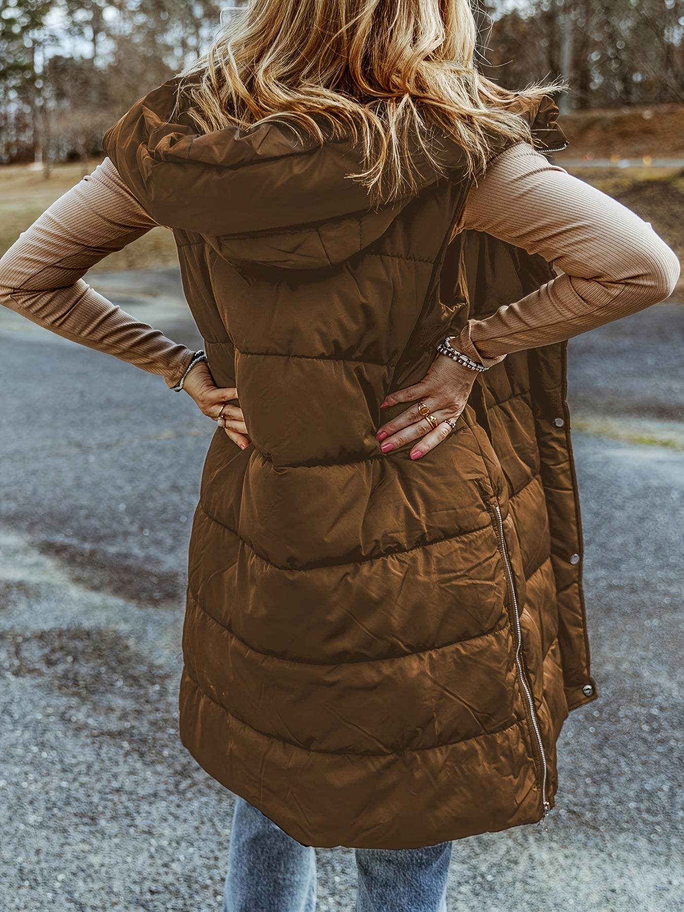 Sleeveless Hooded Puffer Long Vest Jacket Women's Clothing