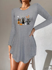 Cartoon Print NightDress Halloween Crew Neck Long Sleeve Pajama Dress Women's