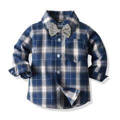 Baby Boys Plaid Shirts Button Down Bowtie Long Sleeve Tops
