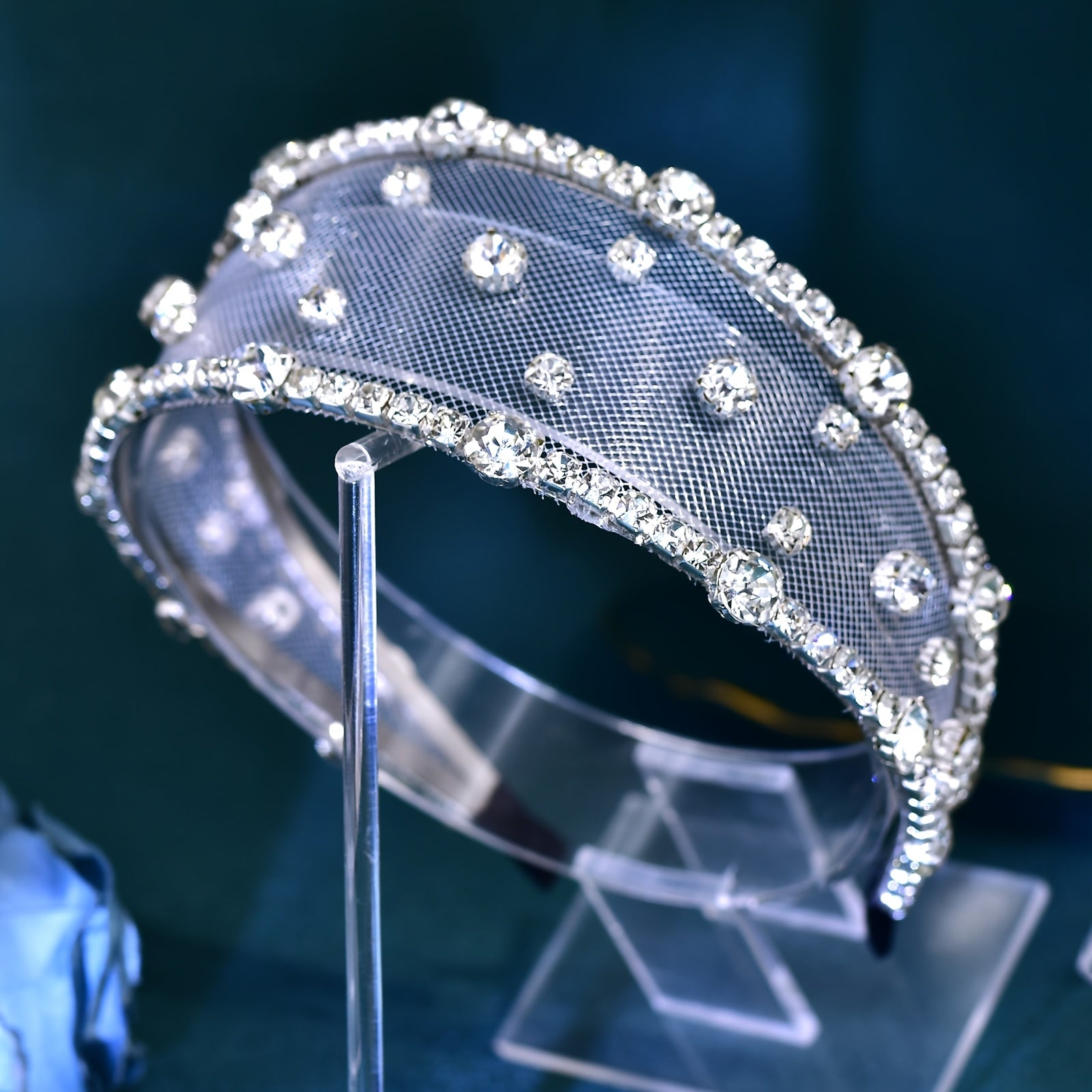 Boho Hawaiian Mesh Headband with Rhinestone Embellishments