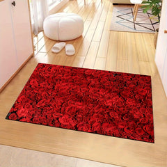Red Rose Print Rug Romantic Decorative Floor Mat Machine Washable Carpet
