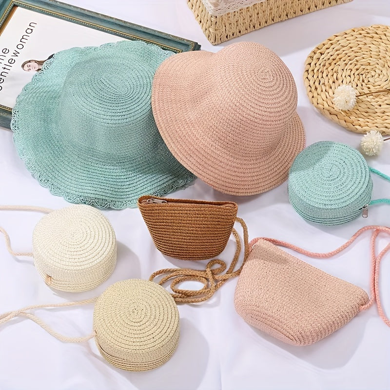 Kids Straw Crossbody Bag and Seaside Hat Set