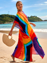 Colorblock Bat Sleeve V Neck Maxi Dress