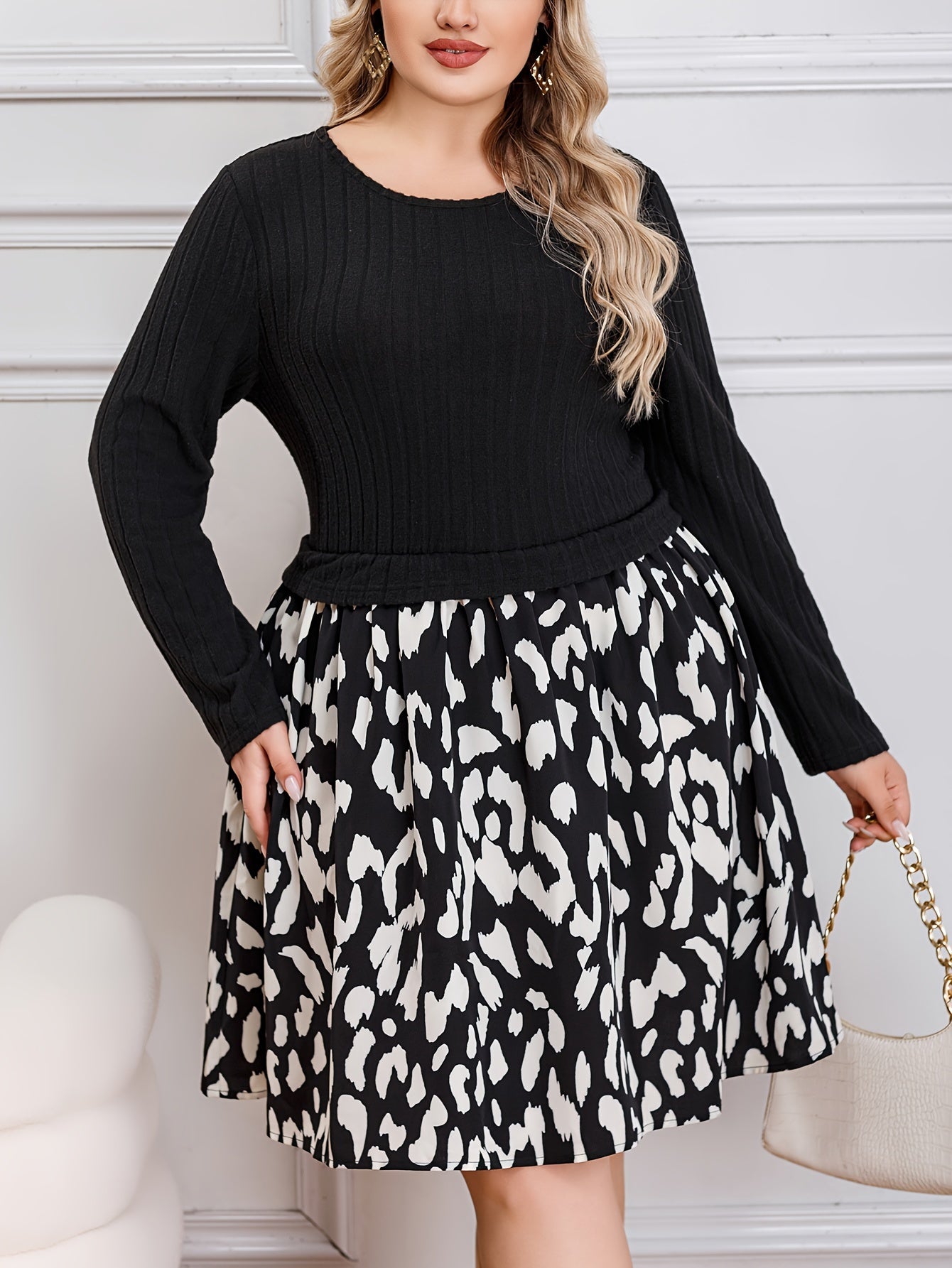 Colorblock Leopard Print Long Sleeve Dress