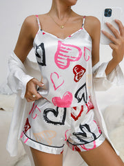 Heart Print Pajama Set V Neck Cami Top & Loose Shorts Women's Sleepwear