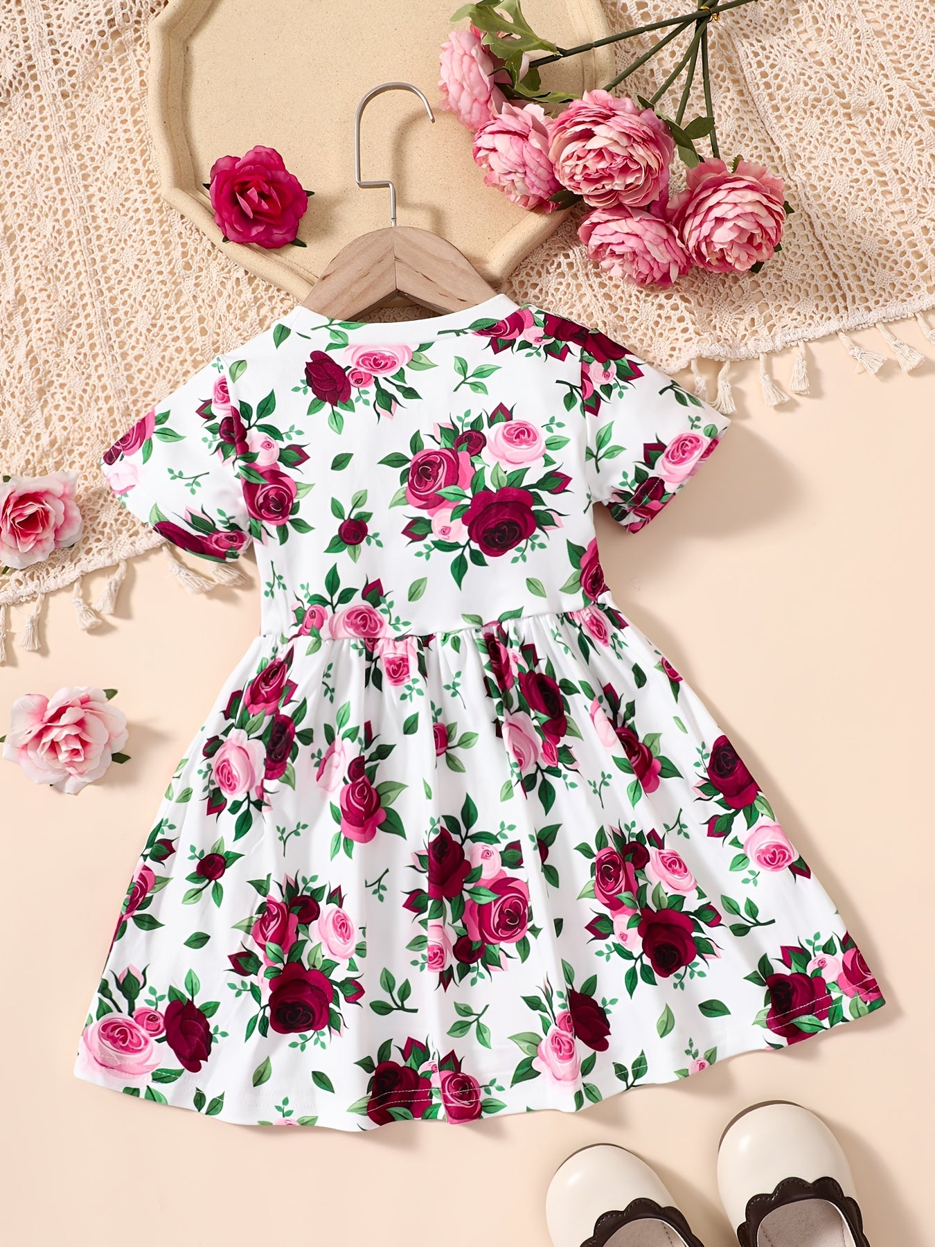 Baby Girls Flowers Print Short Sleeve Round Neck Princess Dress Summer Clothes