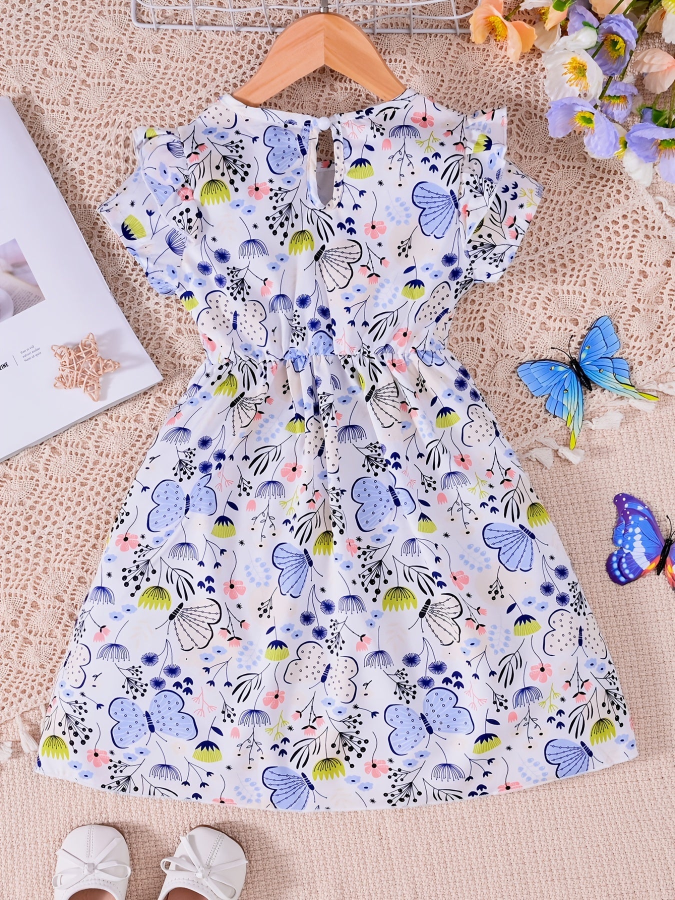 Girls Butterfly Print Ruffles Round Neck Princess Dress