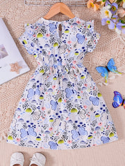 Girls Butterfly Print Ruffles Round Neck Princess Dress
