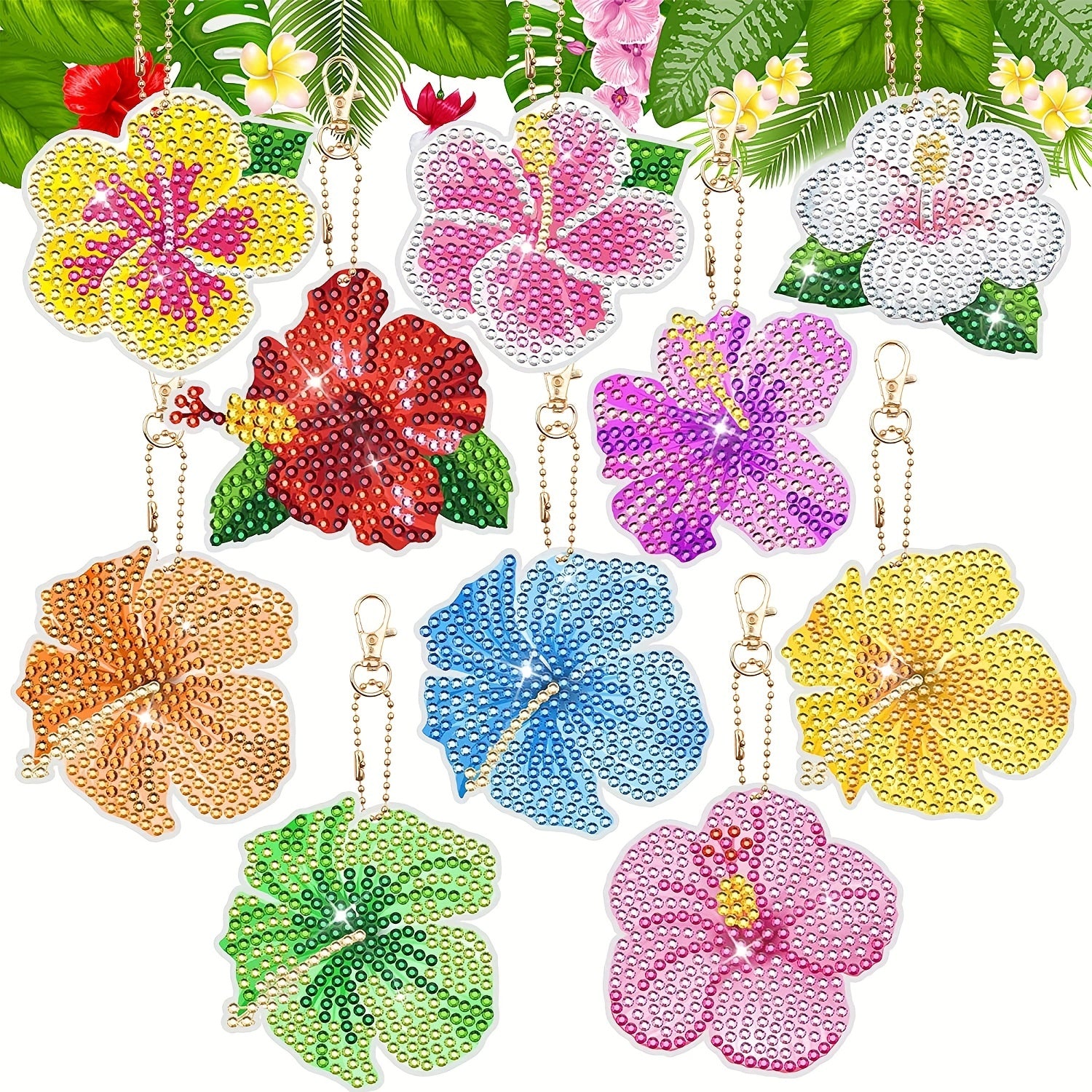 10pcs Tropical Floral Diamond Key Chain DIY Crafts