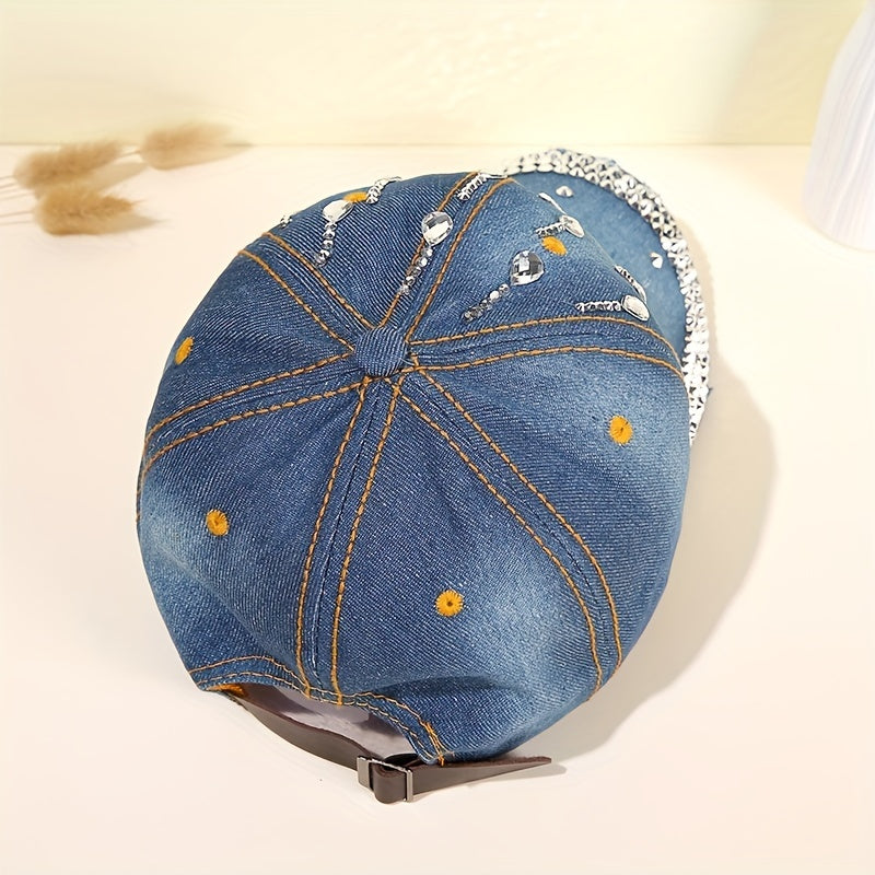 Rhinestone Decor Casual Baseball Cap Unisex Denim Washed Dad Hats