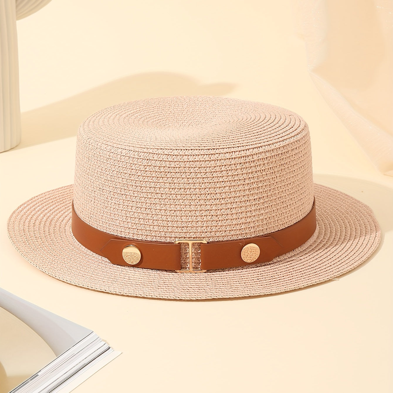 Vintage Pink Straw Flat Top Hat British Style Beach Sun Hat