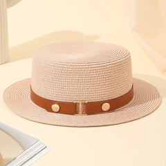 Vintage Pink Straw Flat Top Hat British Style Beach Sun Hat