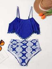 Plus Size Fringe Colorblock Bikini Set Women's Vacation Swimsuit Beachwear
