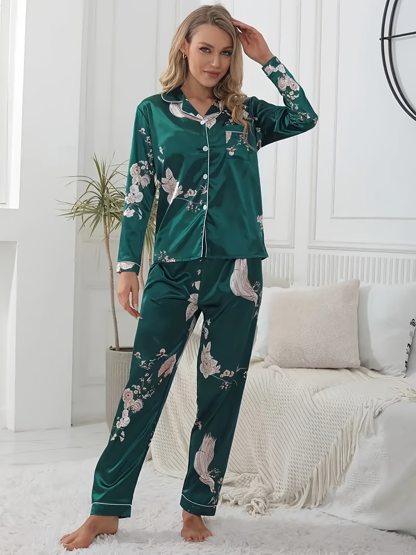 Floral Print Pajama Set Long Sleeve Buttons Top & Elastic Waistband Pants