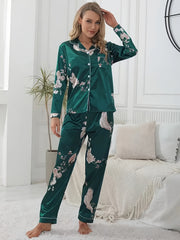 Floral Print Pajama Set Long Sleeve Buttons Top & Elastic Waistband Pants