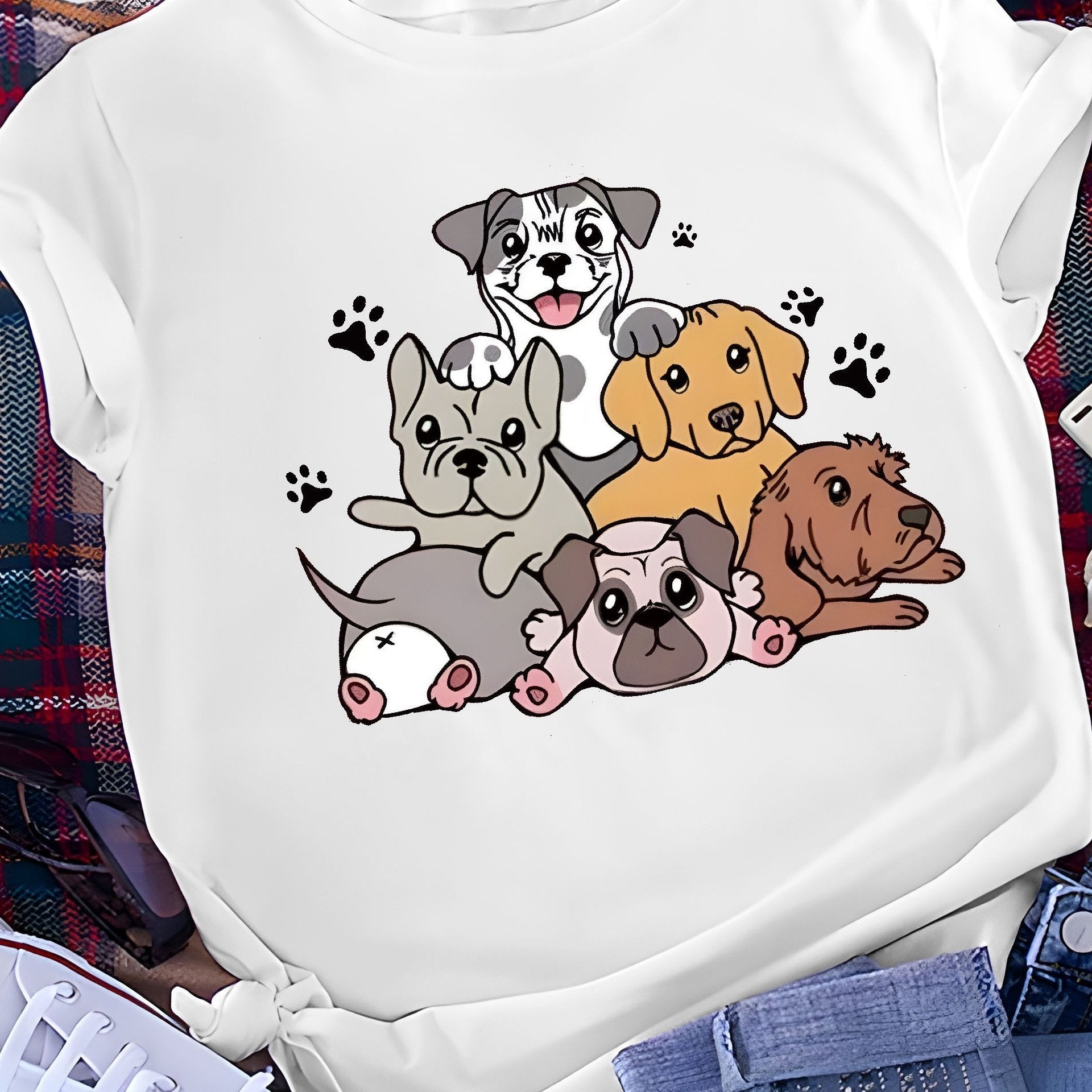 Dog Print Lounge Top Short Sleeve Crew Neck Women's Sleepwear