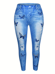 Butterfly & Denim Print High Rise Skinny Leggings