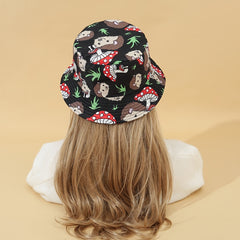 Vintage Cartoon Bucket Hat Hedgehog Mushroom Print Reversible Sun Hat