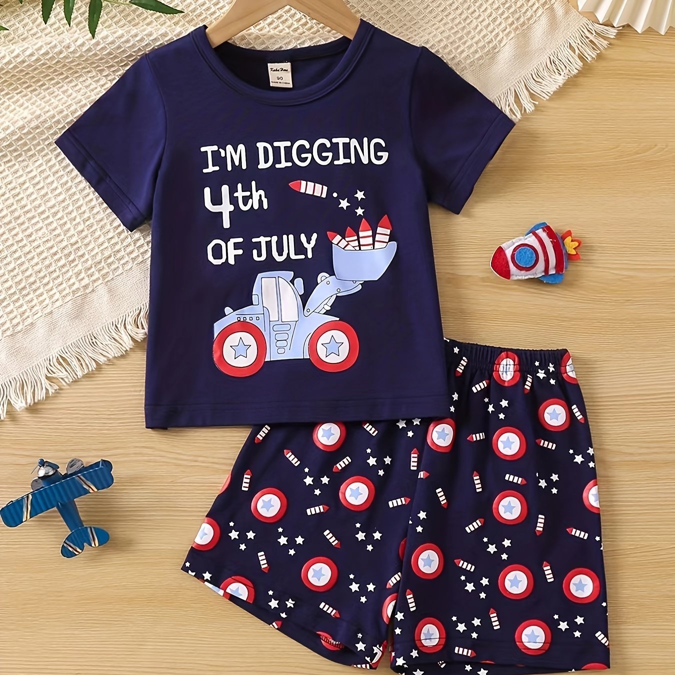 4th Of July Excavator & Rocket Print Pajamas Set Short Sleejsones Tops & Bottoms