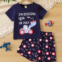 4th Of July Excavator & Rocket Print Pajamas Set Short Sleejsones Tops & Bottoms