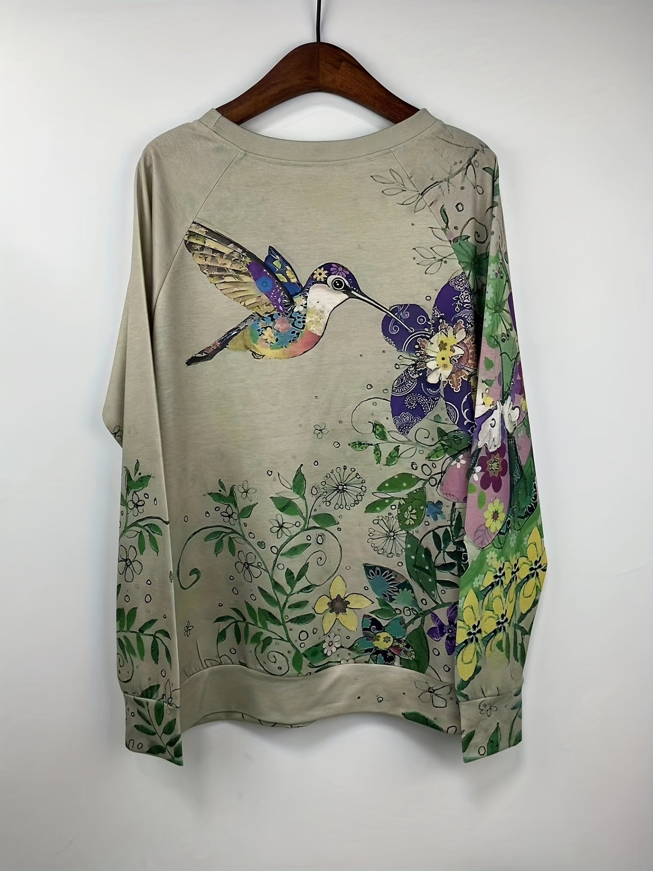 Floral & Bird Print Crew Neck Sweatshirt Women's Casual Long Sleeve Sweatshirt