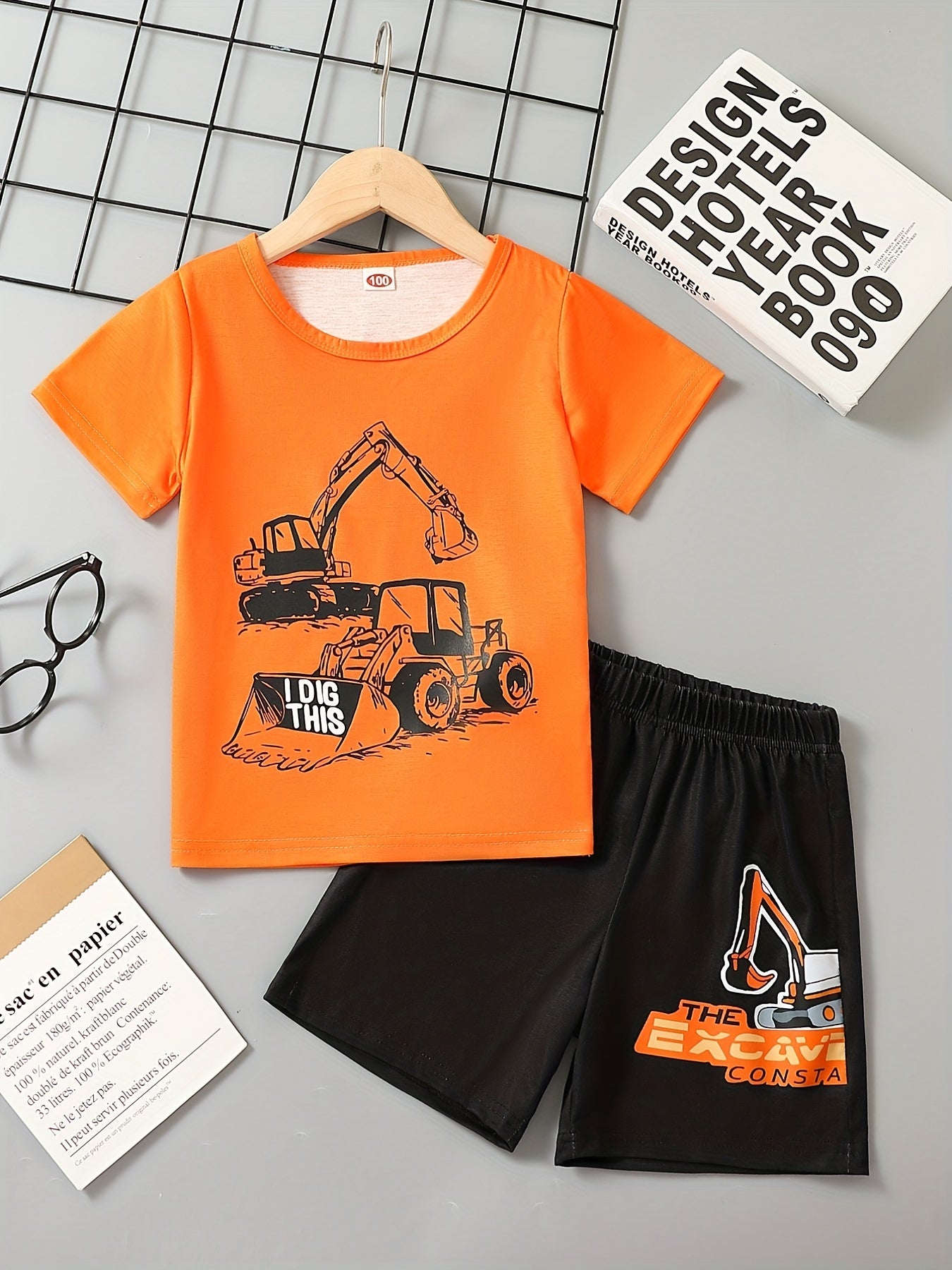 Excavator Print Casual Outfit T-shirt & Shorts Set for Boys