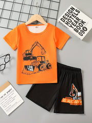 Excavator Print Casual Outfit T-shirt & Shorts Set for Boys