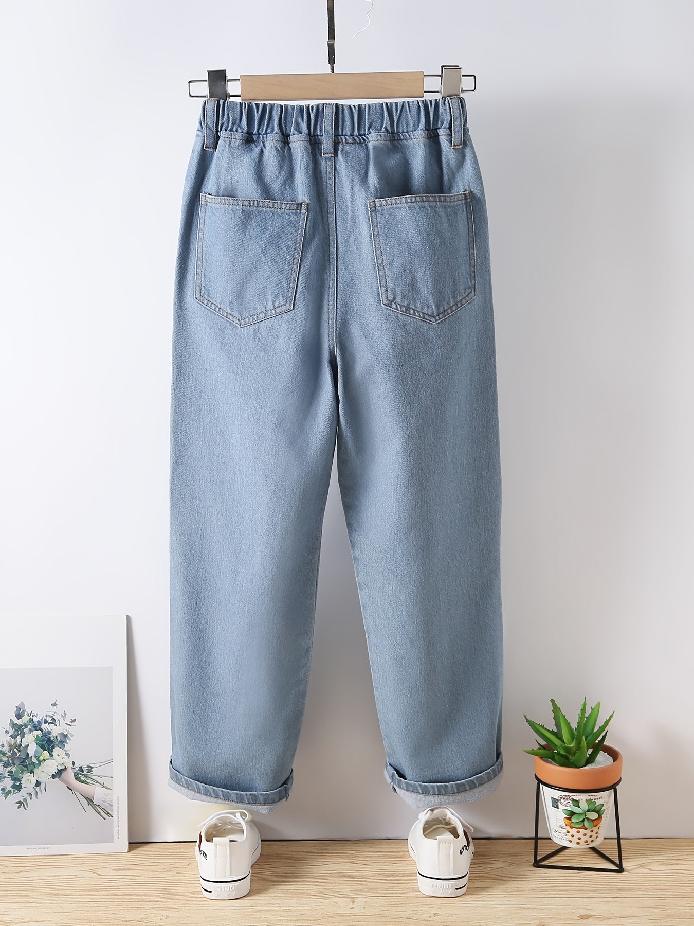 Girls Butterfly Graphic Pocket Casual Sports Loose Elastic Waist Wide Leg Jeans