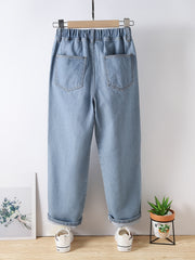 Girls Butterfly Graphic Pocket Casual Sports Loose Elastic Waist Wide Leg Jeans