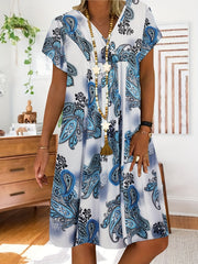 Women's Plus Paisley Print V Neck Pleated Loose Dress