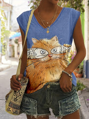 Cartoon Cat & Fish Print Round Neck Tank Top