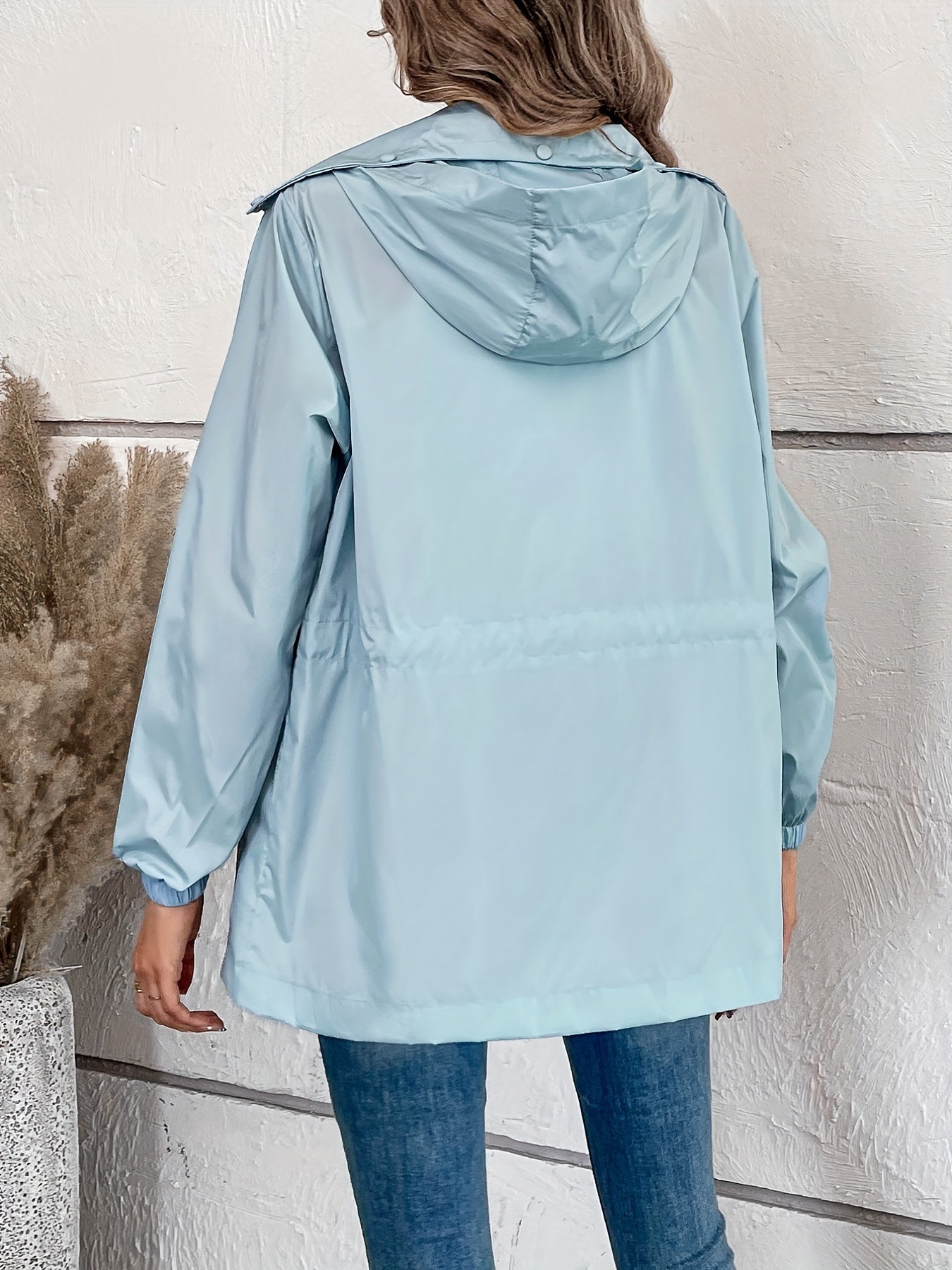 Solid Hooded Rain Jacket Zip Up Long Sleeve Outerwear